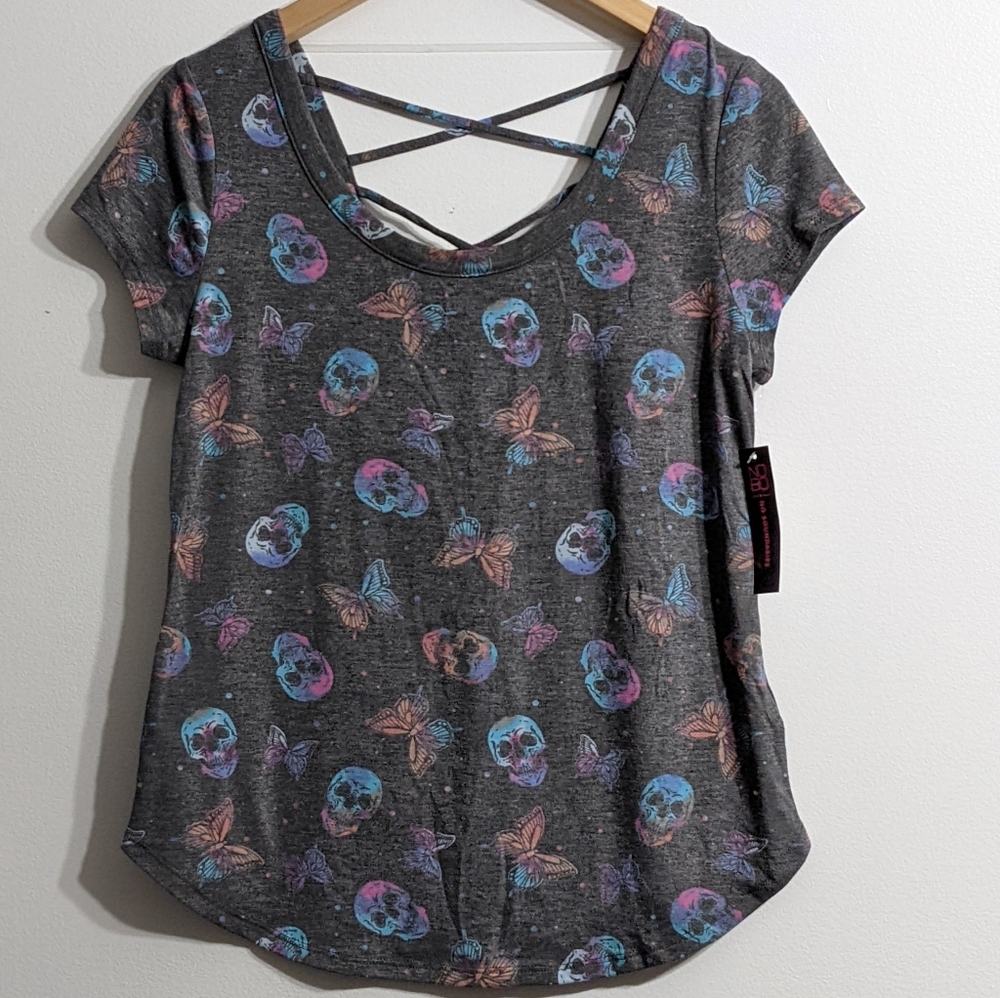 Butterfly Skull Print Short Sleeve Top With Strappy Back, Size Large